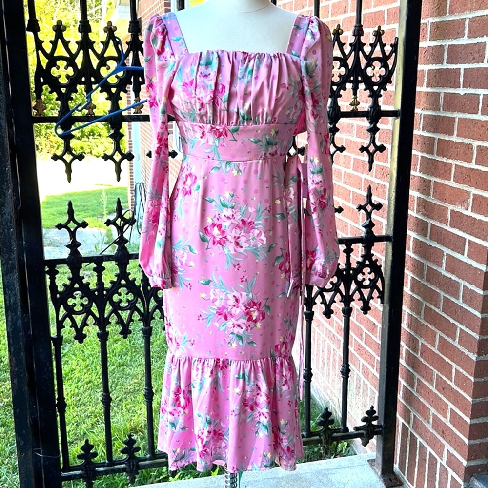 Wayf Pink Floral Midi Dress